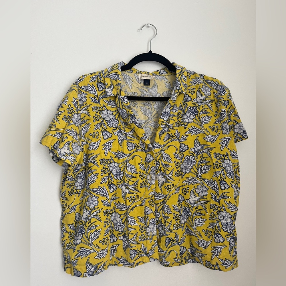 Yellow and blue birds and plants button down